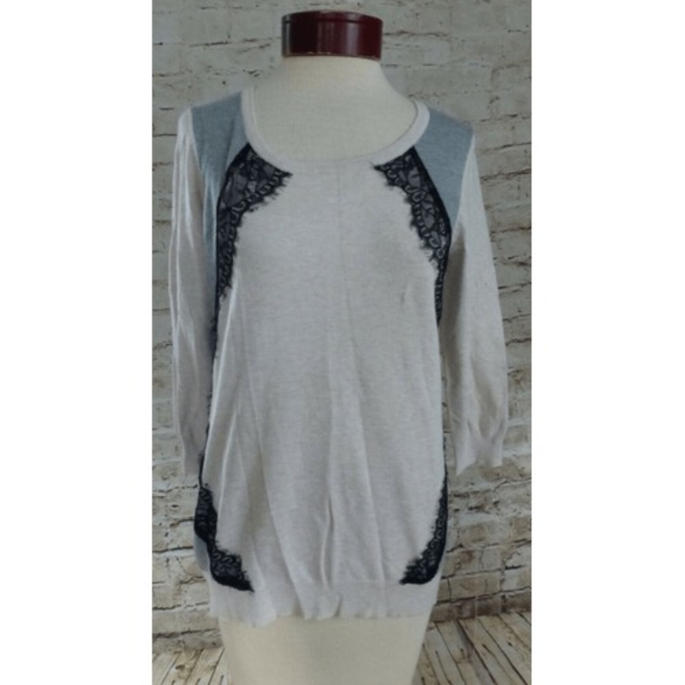 All at Once Women Cream Gray Colorblock‎ Lace Trim 3/4 Sleeve Knit Top Large